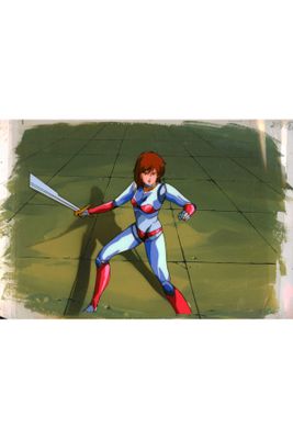 cartoon of a woman in a blue and red outfit holding a baseball bat
