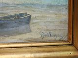a painting of a boat on the beach by the water