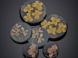 quatre sous-verres en verre ornés de fleurs pressées, posés sur un fond noir