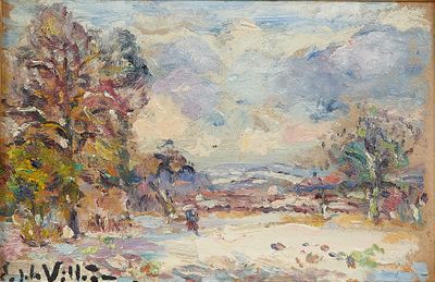 une peinture à l'huile représentant un paysage enneigé avec des arbres au premier plan