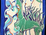 an image of a painting of a horse with a fish on it ' s back