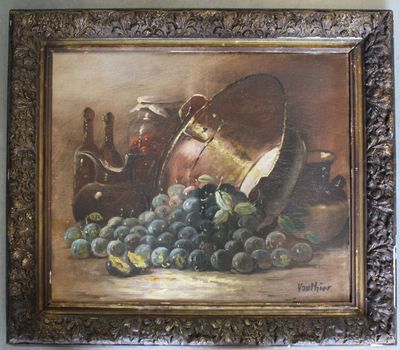 un tableau représentant des raisins et une cruche posés sur une table