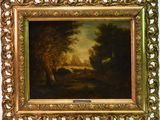 un tableau représentant un paysage boisé avec du bétail paissant au loin