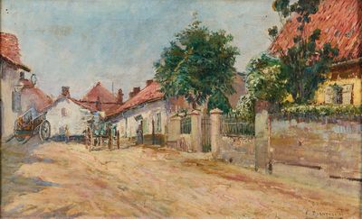 une image représentant un tableau d'une rue de village avec une calèche
