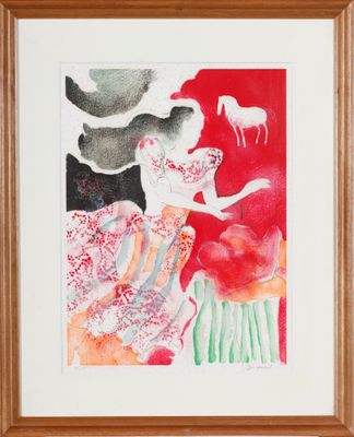 une image d'un tableau représentant une femme en robe rouge