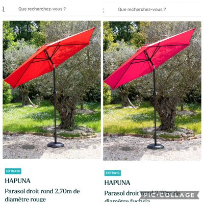 deux photos d'un parapluie rouge posé au milieu d'un champ verdoyant
