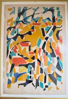 peinture représentant des formes abstraites dans les tons de jaune, bleu, orange et noir