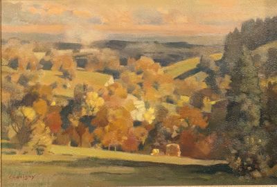 peinture représentant un tableau représentant un paysage avec des arbres au premier plan