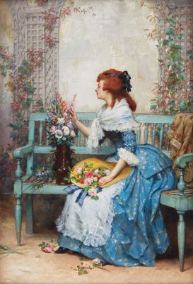 tableau représentant une femme assise sur un banc, tenant un panier de fleurs