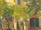 an oil painting of a house in a wooded area with trees