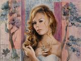 un tableau représentant une femme en robe blanche tenant une bague
