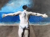 painting of a man standing on a beach with his arms spread out