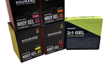 trois boîtes de gels énergétiques Nutrazz et une boîte de gel énergétique Nutrazz