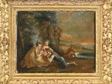 un tableau représentant un homme et une femme accompagnés d'un chien dans un décor boisé