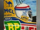a painting of a racing car with a helmet on top of it