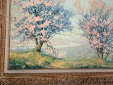 a painting of two trees on a hill with a sky background
