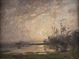 une image d'un tableau représentant un coucher de soleil sur une étendue d'eau