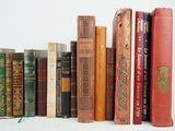 many books that are lined up on a shelf