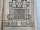 an old book with a drawing of a building on it