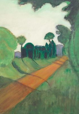 an image of a painting of a country road with trees