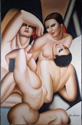 un tableau représentant deux femmes et un homme allongés sur un lit