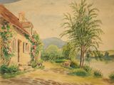 a painting of a house on the side of the road