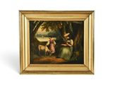 une image représentant un tableau où l'on voit deux femmes et un chien dans un décor boisé