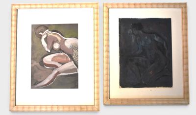 two framed paintings of a woman and a man sitting on a couch