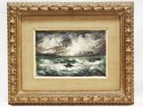 une peinture à l'huile représentant un bateau en mer sous un ciel nuageux