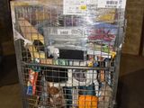a metal cart with a bunch of items on top of it