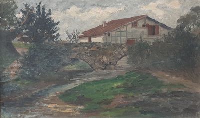 painting of a house on a hill with a stream in the foreground