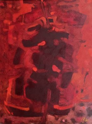 une peinture abstraite représentant une composition rouge et noire sur un fond blanc