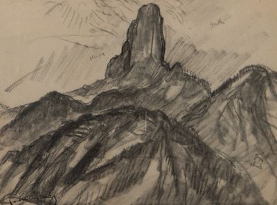 dessin représentant une montagne avec un soleil en arrière-plan