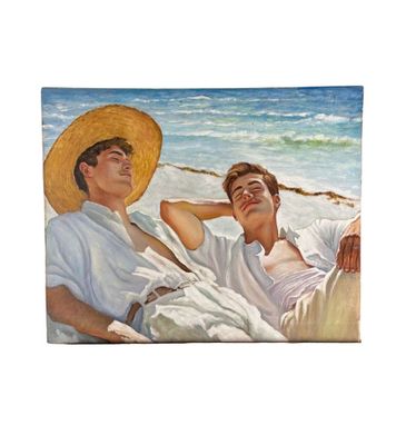 painting of two men laying on the beach with hats on