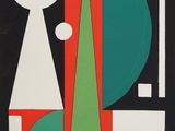 a black and white poster with a green and red geometric design
