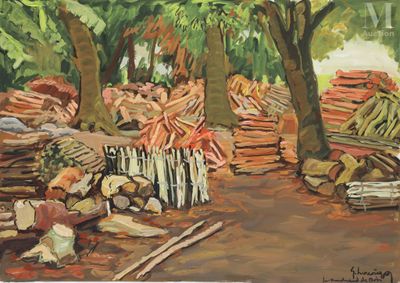 un tableau représentant un tas de bois dans les bois