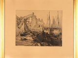 une image représentant un dessin de bateaux dans un port, avec un bâtiment en arrière-plan