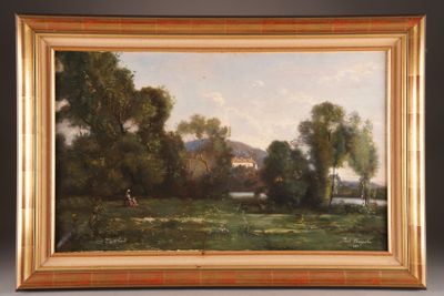 an image of a painting of a landscape with a man on a horse in the distance