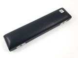 a black leather case that has a white logo on it