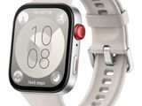 une Apple Watch avec un bracelet blanc et un voyant rouge sur l'écran