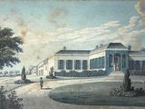 an old painting of a house with a man walking in front of it