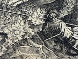 drawing of a man laying on the ground with a stick in his hand
