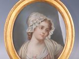 portrait of a young woman in a bonnet by a wooden easel