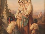 an old painting of a woman holding a baby and two children