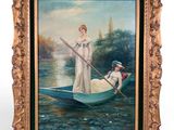 painting of a woman and a child in a boat on a lake