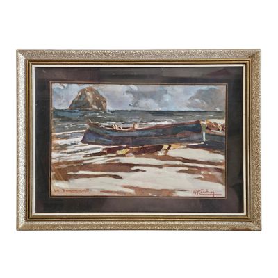 peinture à l'huile encadrée représentant un bateau sur une plage, avec des rochers en arrière-plan