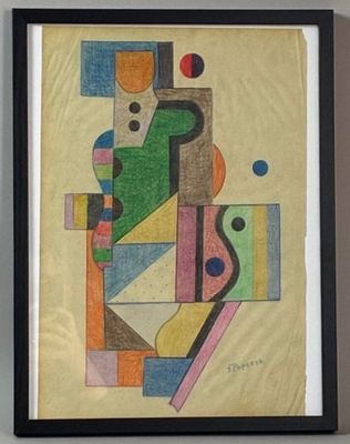 tableau représentant des formes abstraites, encadré de noir et accroché au mur