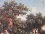 a painting of cows grazing in a field with trees