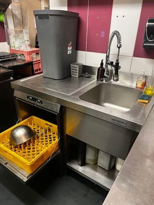 une cuisine équipée d'un évier et d'un lave-vaisselle