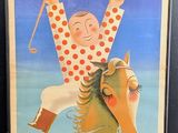 an old poster of a man riding a horse with a flag on it